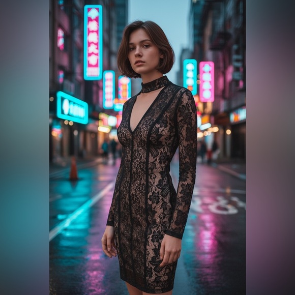 bebe Dresses & Skirts - bebe Black Lace Nude Lined Choker Plunge V Long Sleeve Mini Dress Small